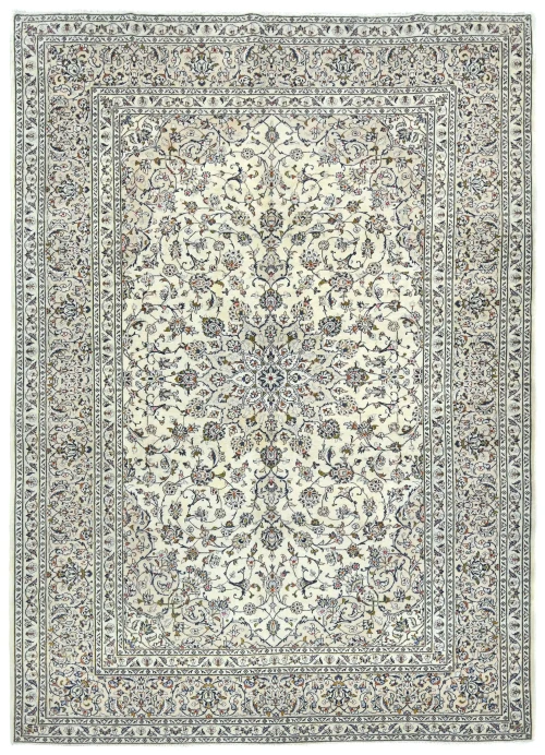 Vintage Cream Floral Traditional 8x11 Kashan Persian Rug