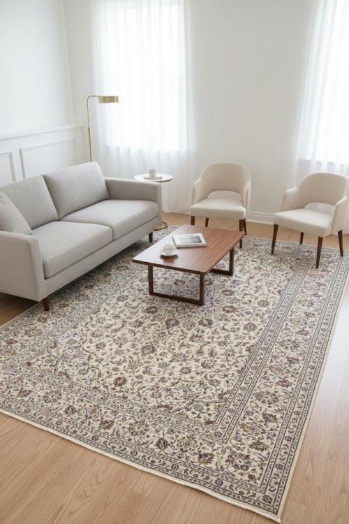 Vintage Cream Floral Traditional 8x12 Kashan Persian Area Rug