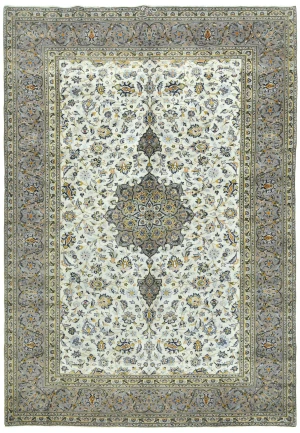 Vintage Cream Traditional Floral 8x11 Kashan Persian Rug