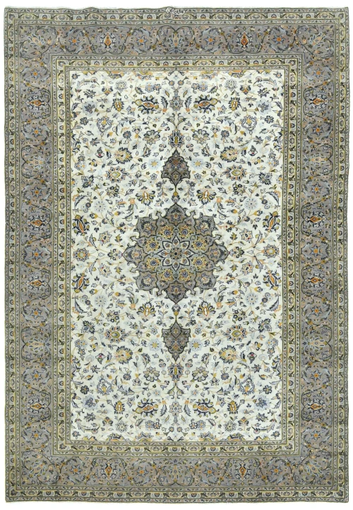 Vintage Cream Traditional Floral 8x11 Kashan Persian Rug