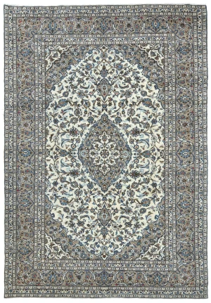 Vintage Cream Traditional Floral 8x11 Kashan Persian Rug