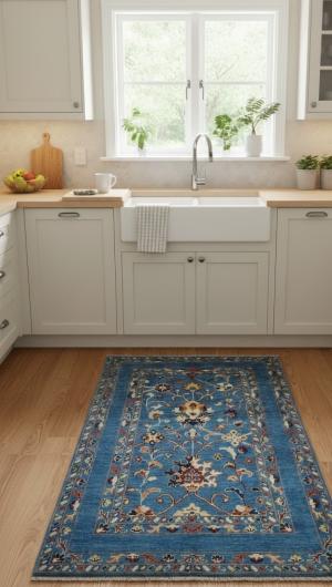 2'11 x 4'10 Hand Knotted Kazak Pakistan Blue Floral Wool Rug