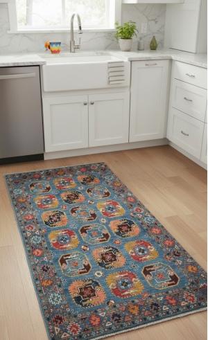 Blue Geometric Modern 3X5 Kazak Oushak Pakistan Rug