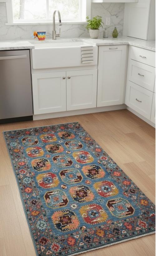 Blue Geometric Modern 3X5 Kazak Oushak Pakistan Rug