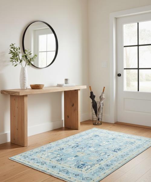 Blue Floral Modern 4X5 Kazak Oushak Pakistan Rug