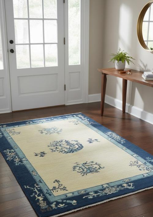 Cream Bordered Modern 4X6 Kazak Ouskak Pakistan Rug
