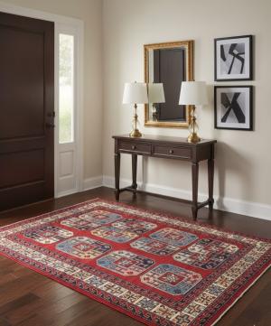 Red Geometric Modern 4X5 Kazak Oushak Pakistan Rug