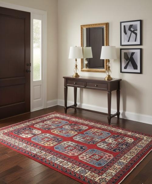 Red Geometric Modern 4X5 Kazak Oushak Pakistan Rug