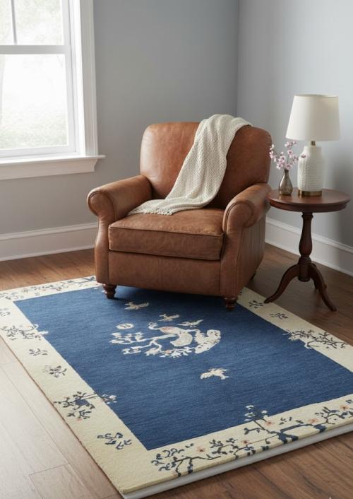 Navy Blue Bordered Modern 4X6 Kazak Oushak Pakistan Rug