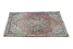 Semi Antique Muted Red Floral 1'8X2'5 Distressed Oriental Rug