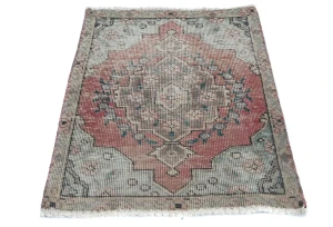 Semi Antique Muted Red Floral 1'8X2'5 Distressed Oriental Rug