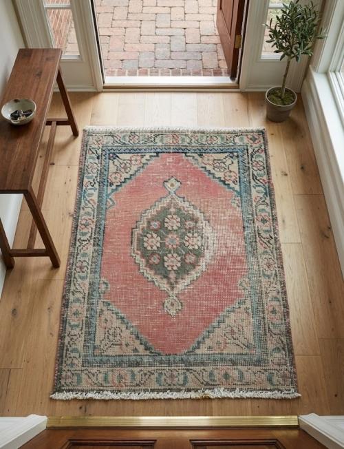 Semi Antique Muted Red Floral 1'7X2'2 Distressed Oriental Rug