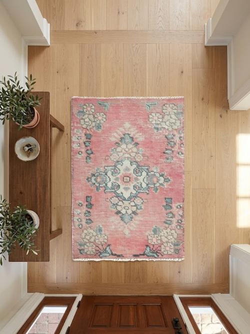 Semi Antique Muted Red Floral 1'6X2'1 Distressed Oriental Rug