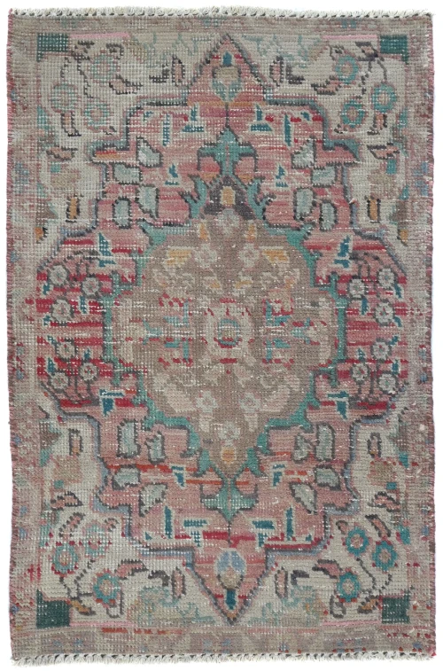 Semi Antique Muted Light Red Floral 2X3 Distressed Oriental Rug