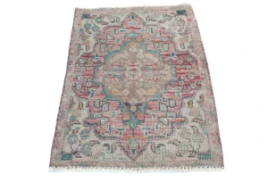 Semi Antique Muted Light Red Floral 2X3 Distressed Oriental Rug