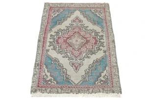 Semi Antique Muted Floral 1'5X2'4 Distressed Vintage Oriental Rug