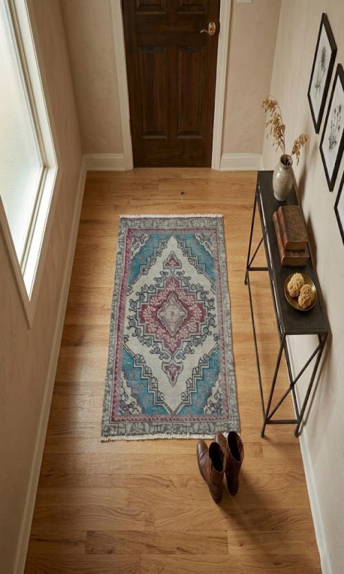 Semi Antique Muted Floral 1'5X2'4 Distressed Vintage Oriental Rug