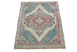 Semi Antique Muted Floral 1'5X2'4 Distressed Vintage Oriental Rug