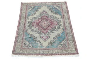 Semi Antique Muted Cream Floral 1'6X2'5 Distressed Oriental Rug