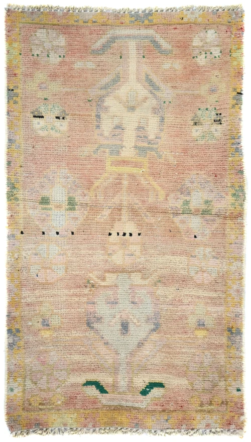 Semi Antique Muted Floral 1'5X2'9 Distressed Vintage Oriental Rug