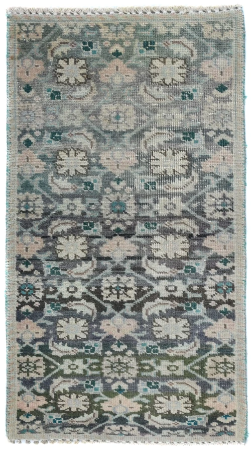 Semi Antique Muted Light Blue Floral 1'3X2'3 Distressed Oriental Rug