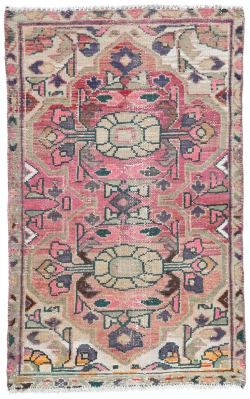 Semi Antique Muted Fuchsia Red Floral 2x3 Distressed Oriental Rug