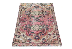 Semi Antique Muted Fuchsia Red Floral 2x3 Distressed Oriental Rug