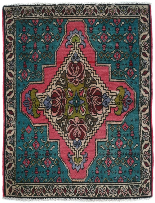 Semi Antique Muted Teal Floral 1'10X2'5 Distressed Oriental Rug