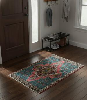 Semi Antique Muted Teal Floral 2X3 Distressed Oriental Rug