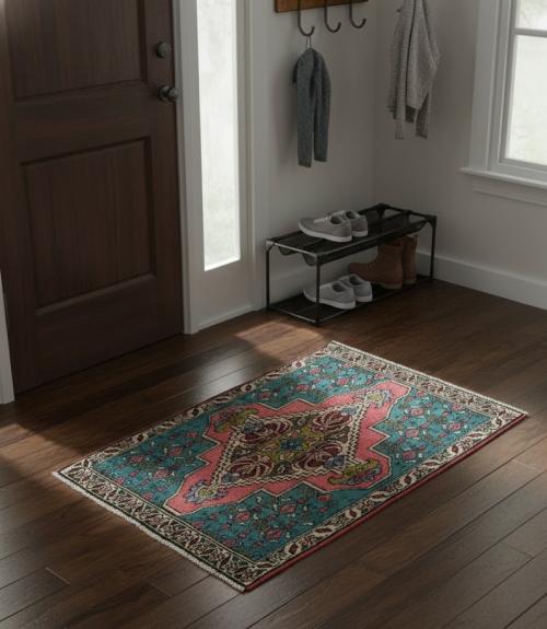 Semi Antique Muted Teal Floral 2X3 Distressed Oriental Rug