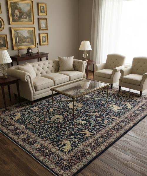 Dark Navy Pictorial Tribal 9X12 Oushak Oriental Rug