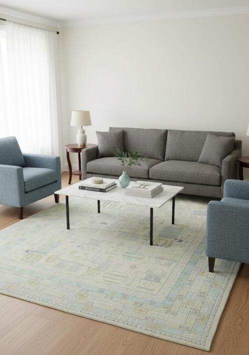 Muted Beige Floral Transitional 9X12 Oushak Oriental Rug