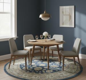 Muted Royal Blue Floral Transitional 7x7 Oushak Oriental Round Rug