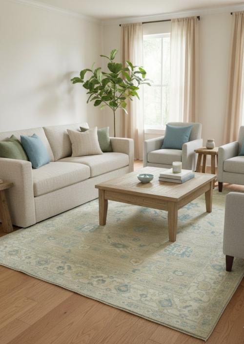 Muted Beige Floral Transitional 8X10 Oushak Oriental Rug