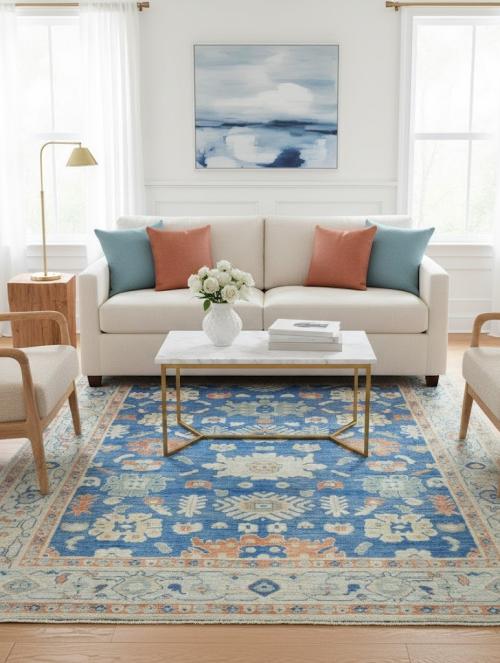 Muted Blue Floral Transitional 8X10 Oushak Oriental Rug