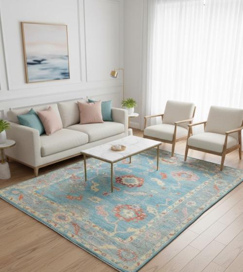 Muted Light blue Floral Transitional 8X10 Oushak Oriental Rug