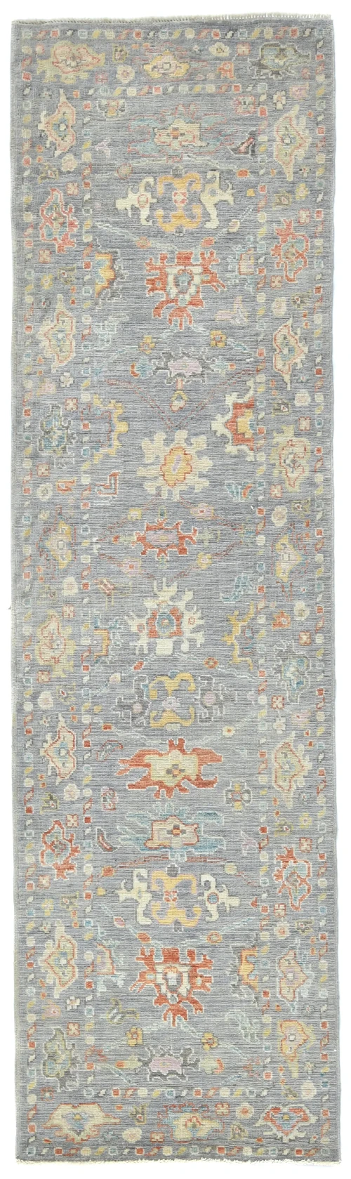 Muted Gray Floral Transitional 3X12 Oushak Oriental Runner Rug