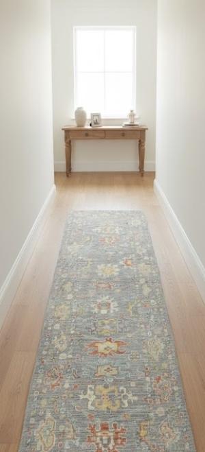 Muted Gray Floral Transitional 3X10 Oushak Oriental Runner Rug