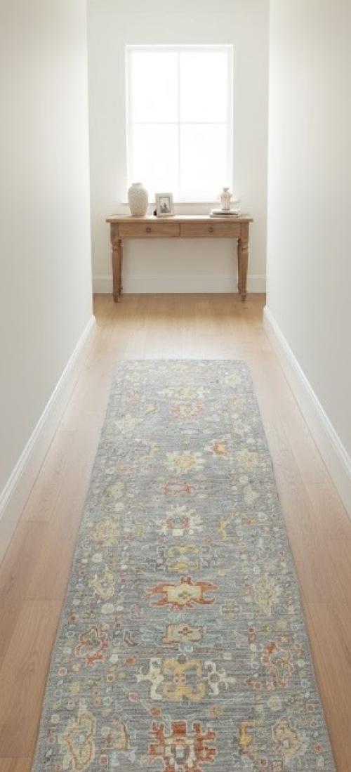 Muted Gray Floral Transitional 3X10 Oushak Oriental Runner Rug