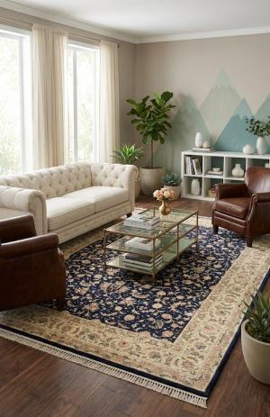 Dark Navy Floral Traditional 9X12 Indo- kashan Oriental Rug