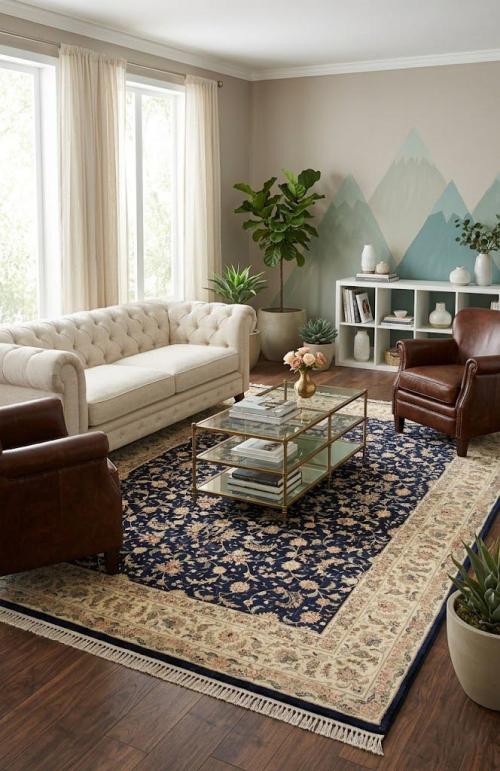 Dark Navy Floral Traditional 9X12 Indo- kashan Oriental Rug