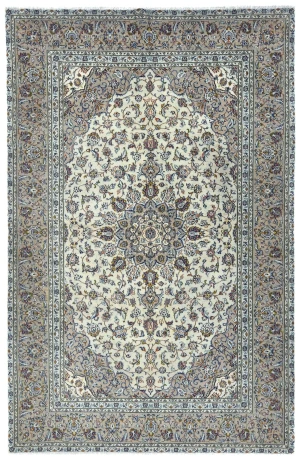 Vintage Cream Floral Traditional 6'4 X 9'7 Kashan Persian Rug