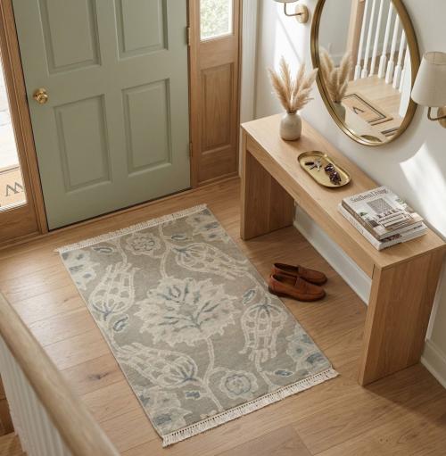 2'0 x 3'0 Hand Knotted Tan Modern Floral Oriental Wool Rug