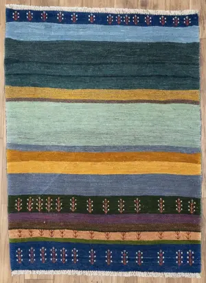 3'7x4'9 Hand Knotted Tribal Striped Oriental Wool Rug