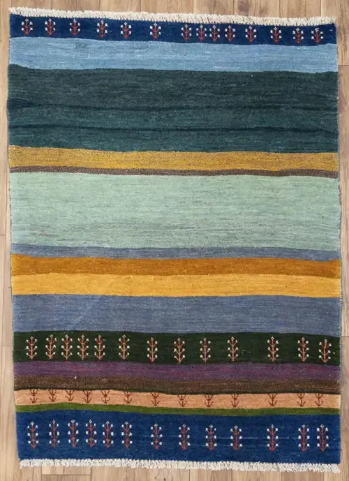 3'7x4'9 Hand Knotted Tribal Striped Oriental Wool Rug