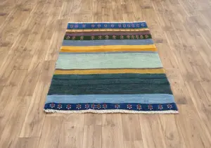 3'7x4'9 Hand Knotted Tribal Striped Oriental Wool Rug