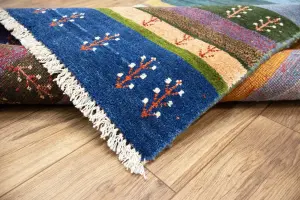 3'7x4'9 Hand Knotted Tribal Striped Oriental Wool Rug