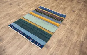 3'7x4'9 Hand Knotted Tribal Striped Oriental Wool Rug