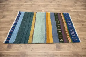 3'7x4'9 Hand Knotted Tribal Striped Oriental Wool Rug