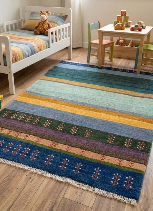 3'7x4'9 Hand Knotted Tribal Striped Oriental Wool Rug